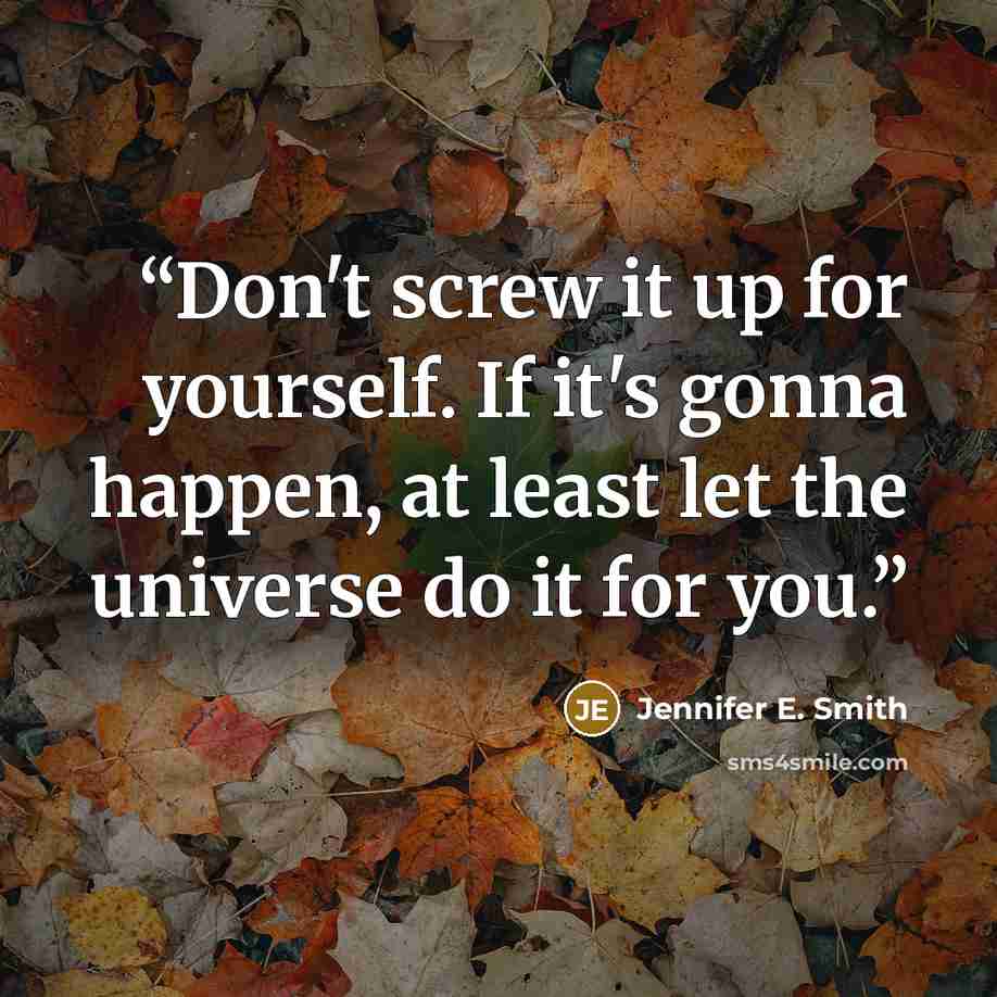 “Don't screw it up for yourself. If it's gonna happen, at least let the universe do it for you.” quote by Jennifer E. Smith