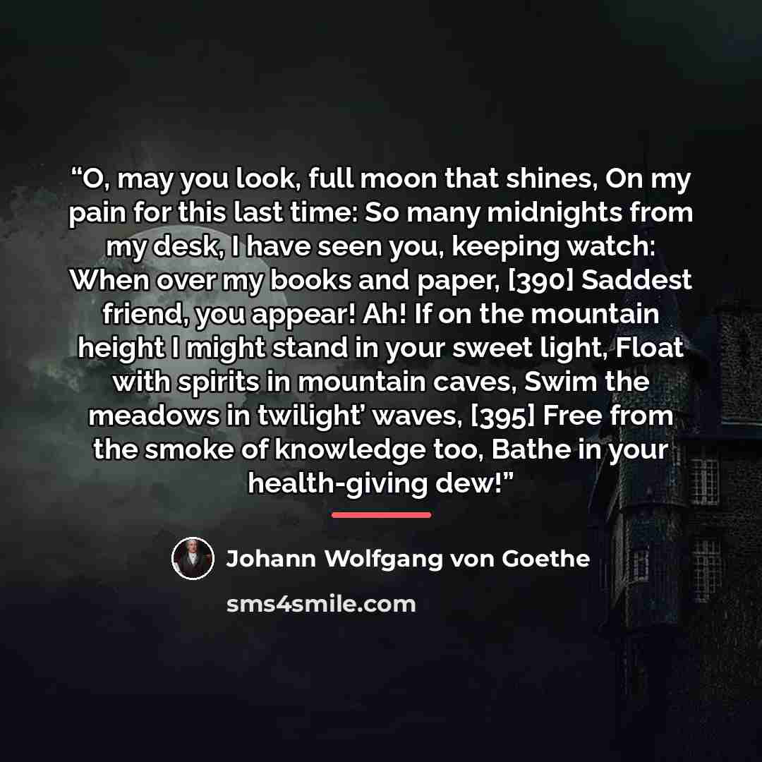 “O, may you look, full moon that shines, On my pain for this last time: So many midnights from my desk, I have seen you, keeping watch: When over my books and paper, [390] Saddest friend, you appear! Ah! If on the mountain height I might stand in your sweet light, Float with spirits in mountain…” quote by Johann Wolfgang von Goethe