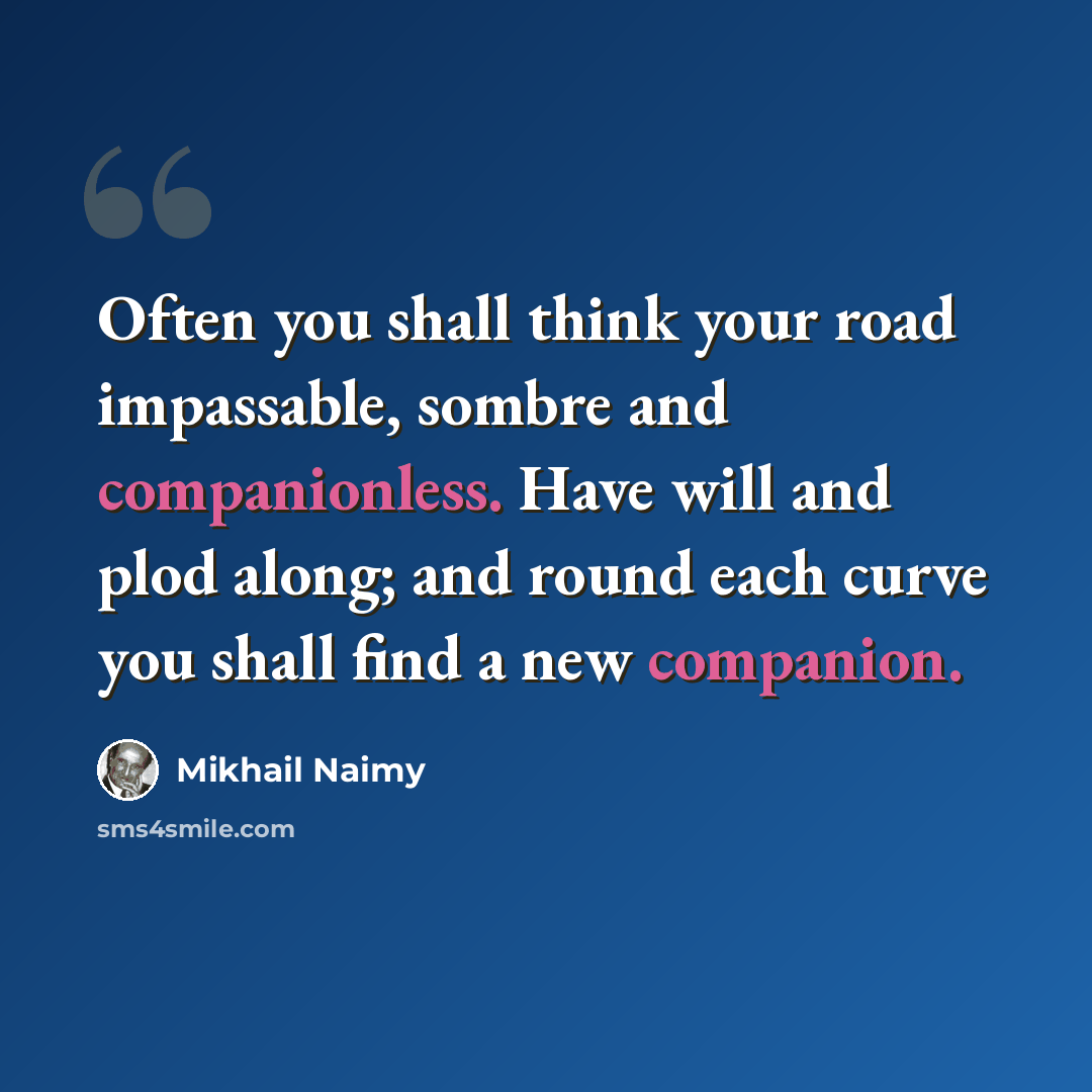 “Often you shall think your road impassable, sombre and companionless. Have will and plod along; and round each curve you shall find a new companion.” quote by Mikhail Naimy