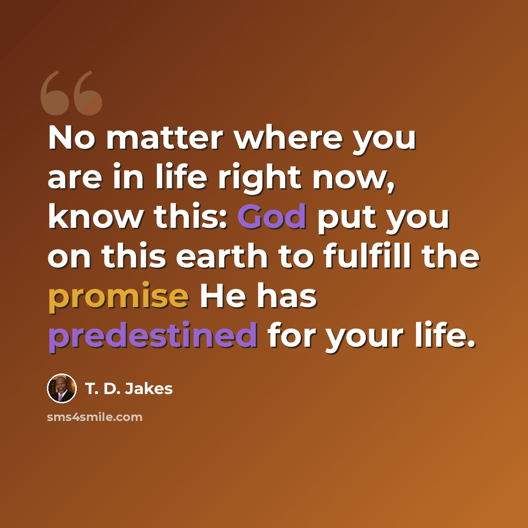 “No matter where you are in life right now, know this: God put you on this earth to fulfill the promise He has predestined for your life.” quote by T. D. Jakes