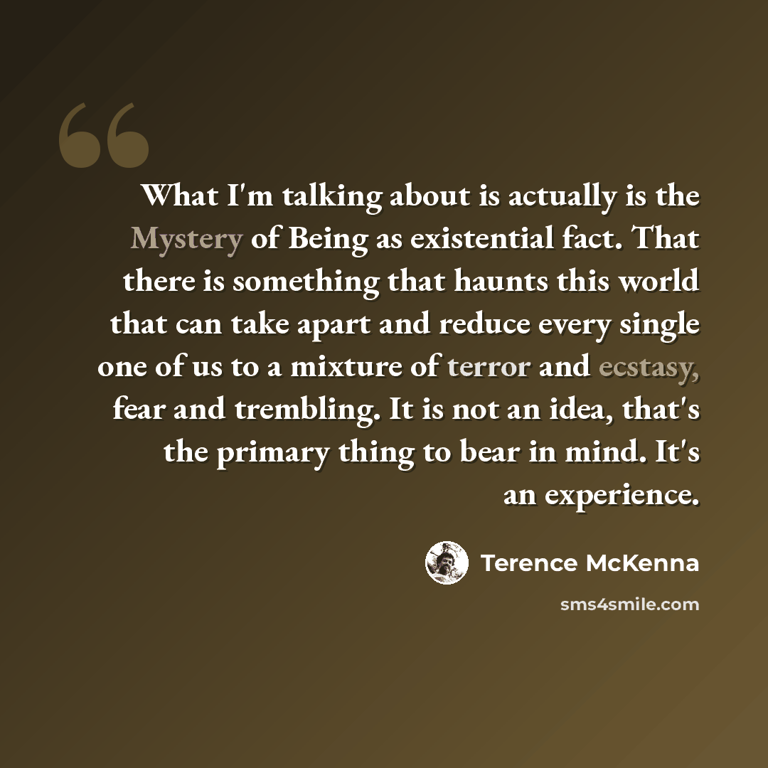 “What I'm talking about is actually is the Mystery of Being as existential fact. That there is something that haunts this world that can take apart and reduce every single one of us to a mixture of terror and ecstasy, fear and trembling. It is not an idea, that's the primary thing to bear in mind…” quote by Terence McKenna