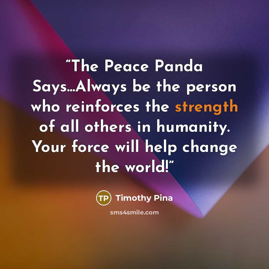 “The Peace Panda Says...Always be the person who reinforces the strength of all others in humanity. Your force will help change the world!” quote by Timothy Pina