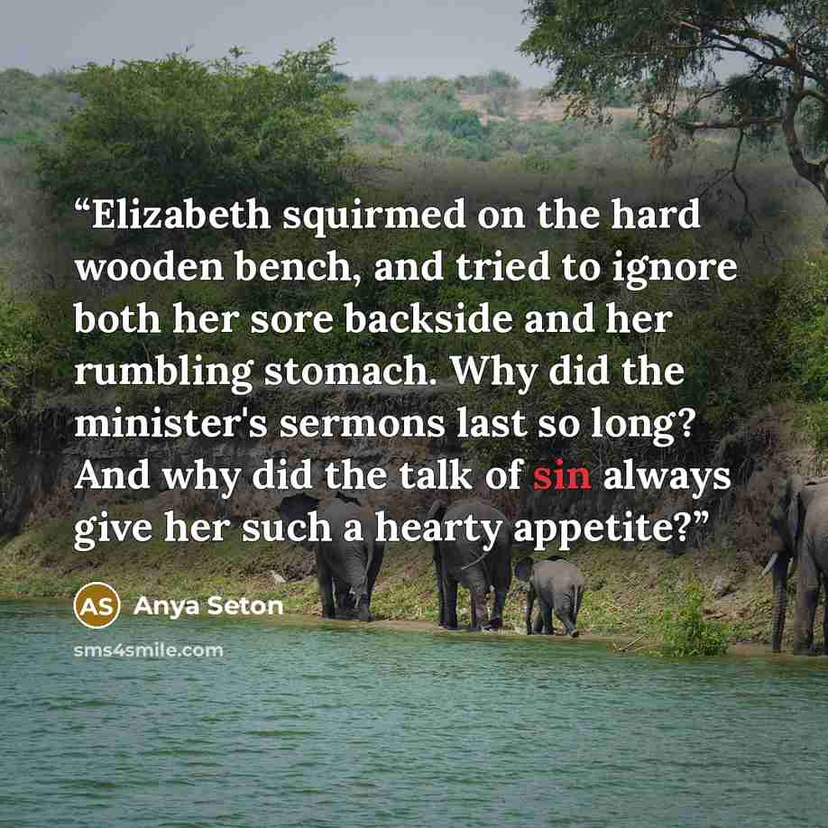 “Elizabeth squirmed on the hard wooden bench, and tried to ignore both her sore backside and her rumbling stomach. Why did the minister's sermons last so long? And why did the talk of sin always give her such a hearty appetite?” quote by Anya Seton