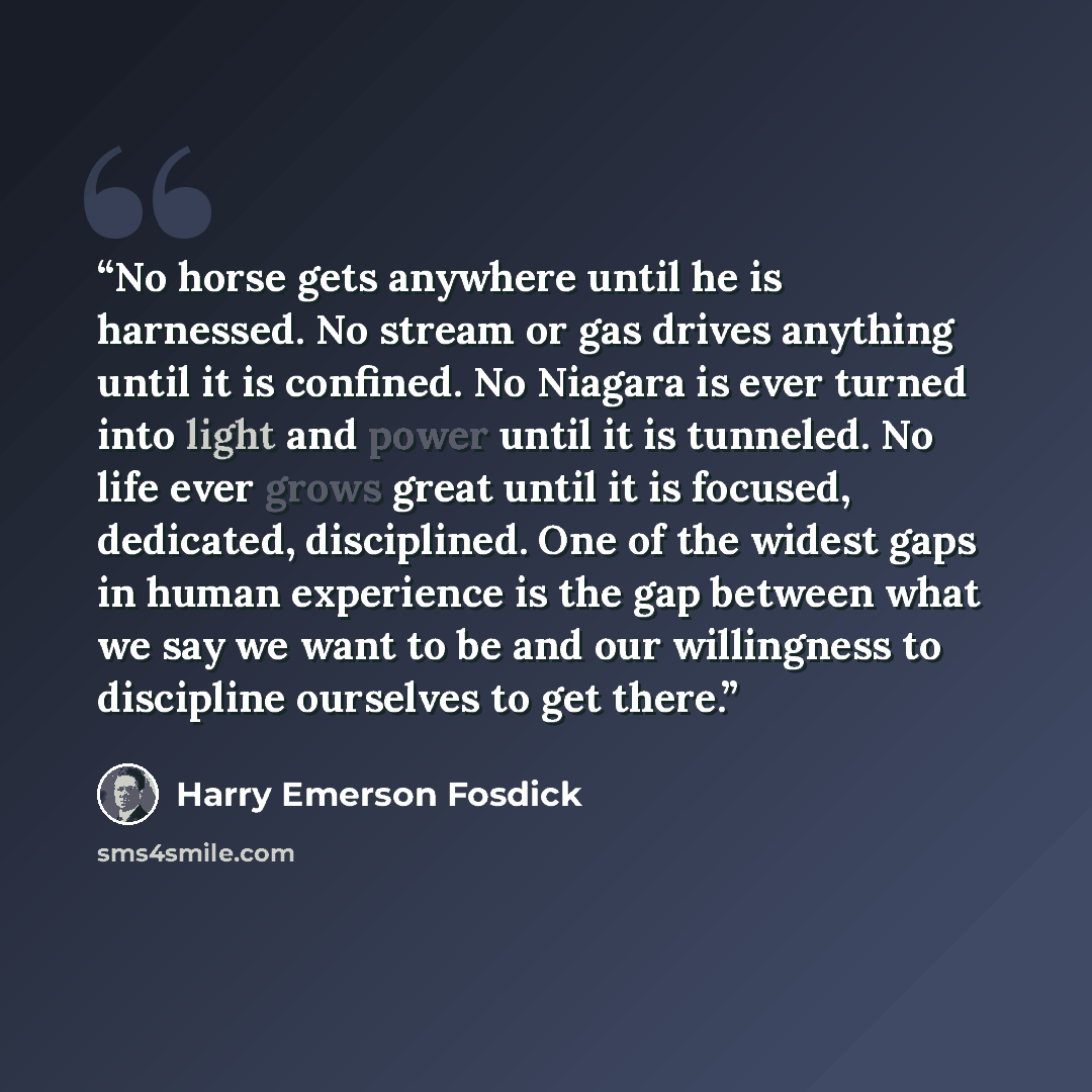 “No horse gets anywhere until he is harnessed. No stream or gas drives anything until it is confined. No Niagara is ever turned into light and power until it is tunneled. No life ever grows great until it is focused, dedicated, disciplined. One of the widest gaps in human experience is the gap…” quote by Harry Emerson Fosdick