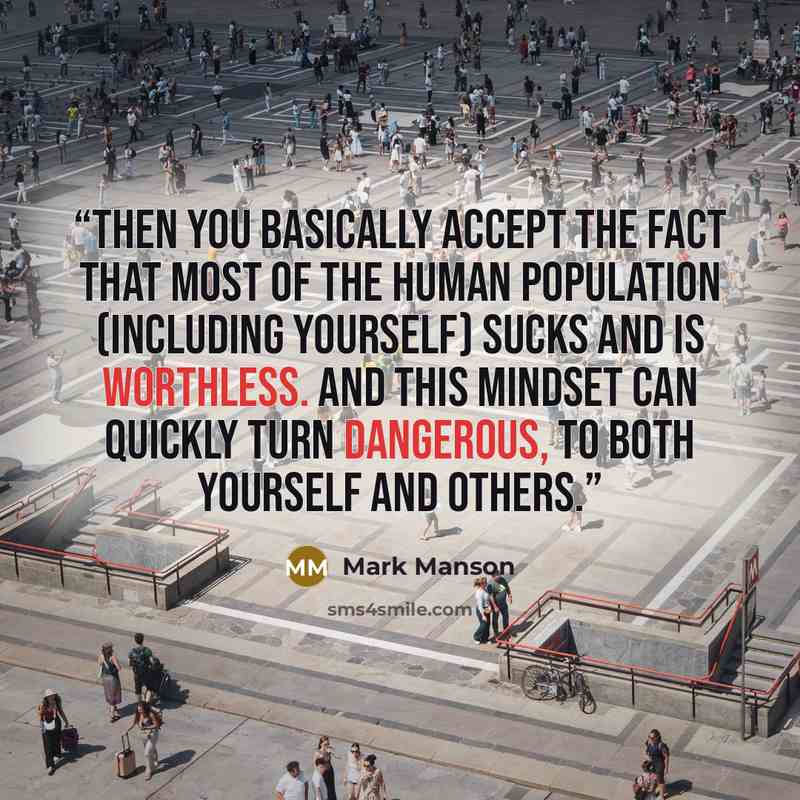 “then you basically accept the fact that most of the human population (including yourself) sucks and is worthless. And this mindset can quickly turn dangerous, to both yourself and others.” quote by Mark Manson