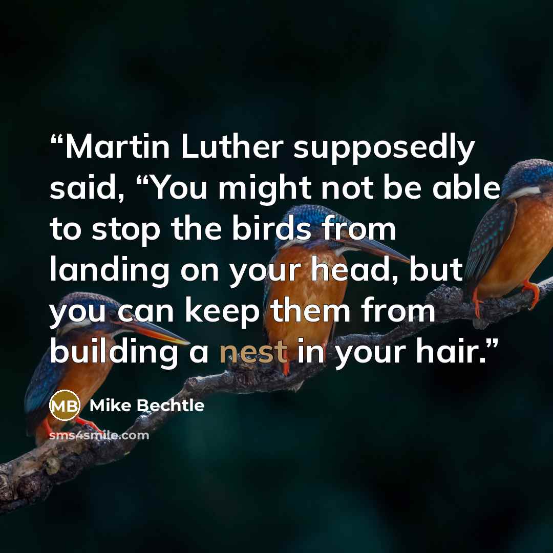 “Martin Luther supposedly said, “You might not be able to stop the birds from landing on your head, but you can keep them from building a nest in your hair.” quote by Mike Bechtle