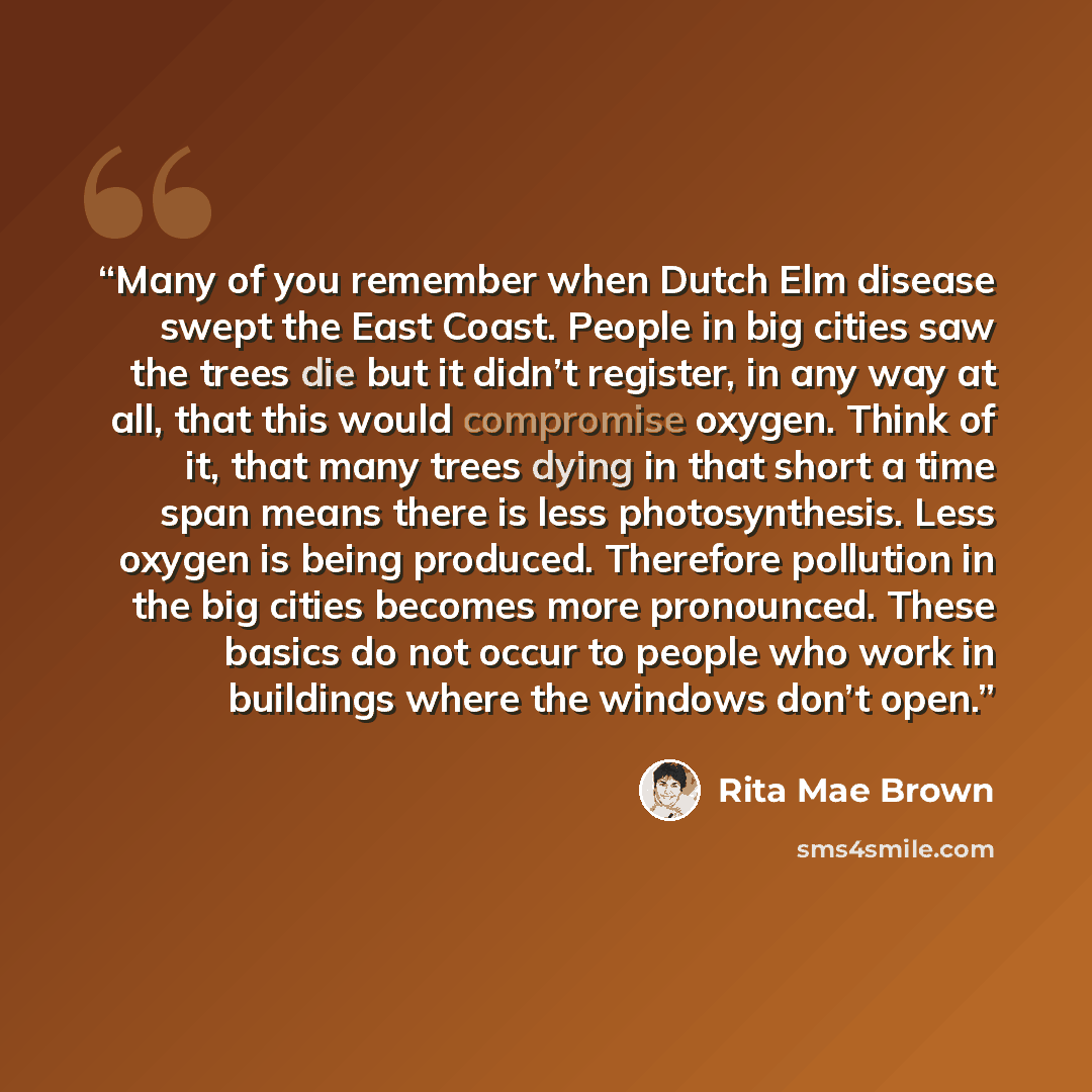 “Many of you remember when Dutch Elm disease swept the East Coast. People in big cities saw the trees die but it didn’t register, in any way at all, that this would compromise oxygen. Think of it, that many trees dying in that short a time span means there is less photosynthesis. Less oxygen is…” quote by Rita Mae Brown