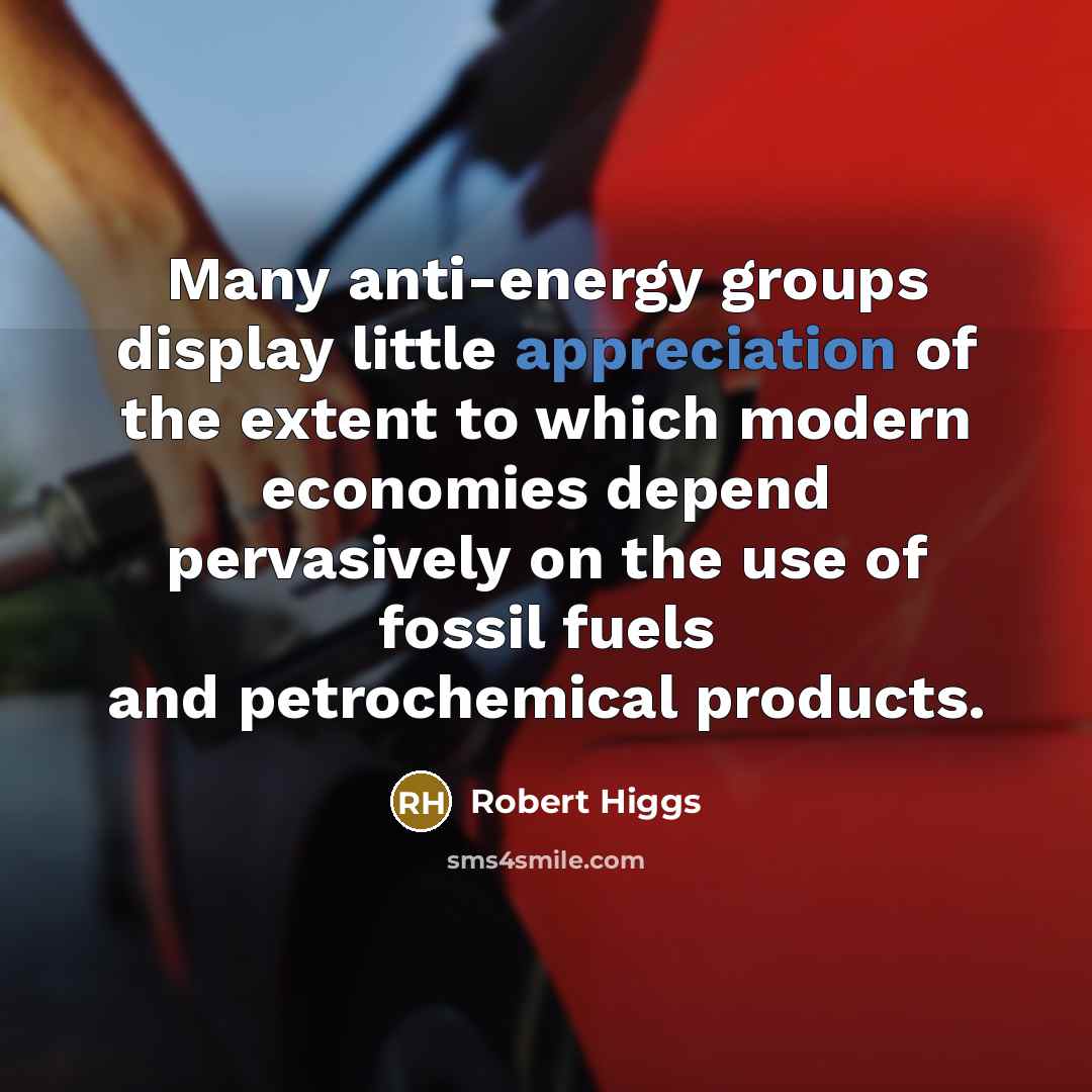 “Many anti-energy groups display little appreciation of the extent to which modern economies depend pervasively on the use of fossil fuels and petrochemical products.” quote by Robert Higgs