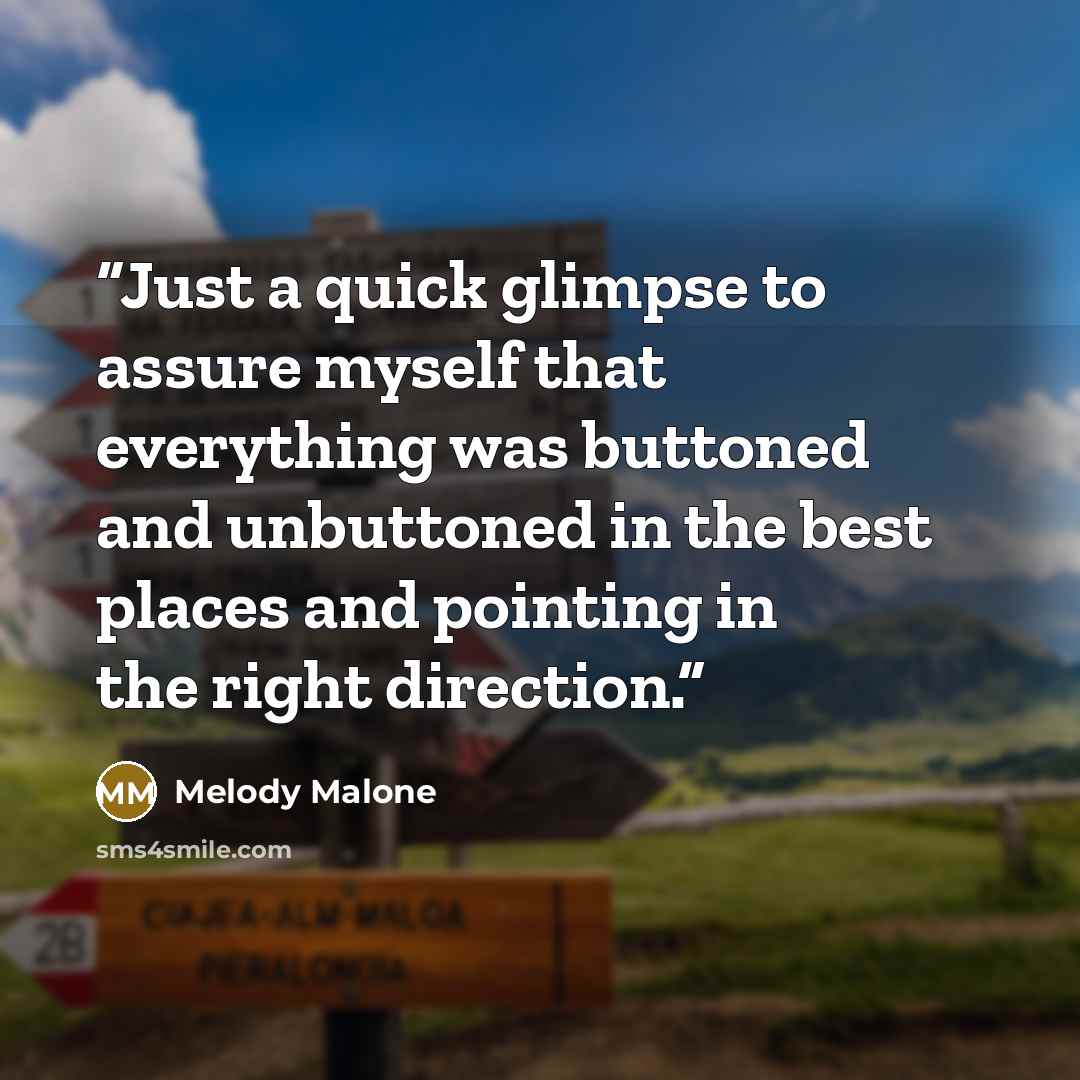 “Just a quick glimpse to assure myself that everything was buttoned and unbuttoned in the best places and pointing in the right direction.” quote by Melody Malone