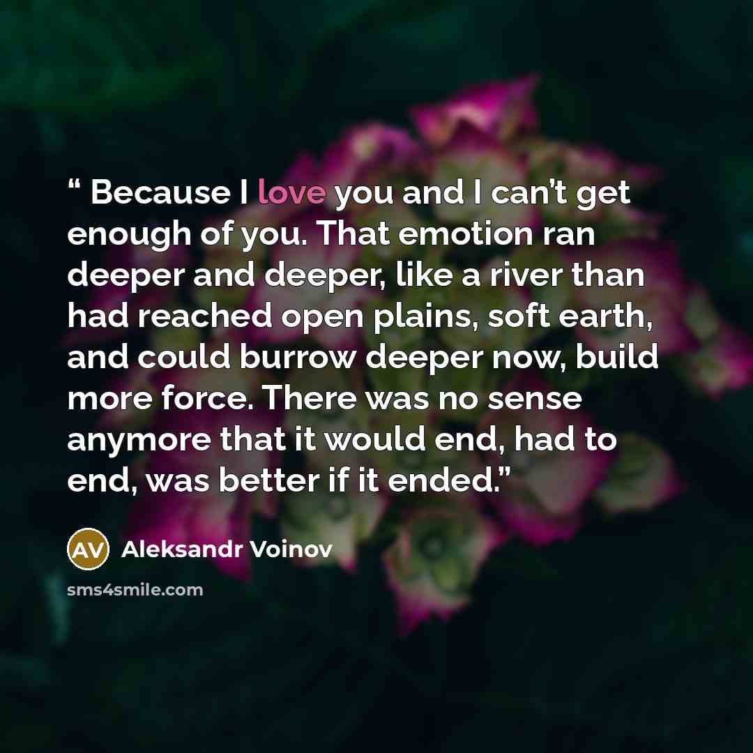 “Because I love you and I can’t get enough of you. That emotion ran deeper and deeper, like a river than had reached open plains, soft earth, and could burrow deeper now, build more force. There was no sense anymore that it would end, had to end, was better if it ended.” quote by Aleksandr Voinov