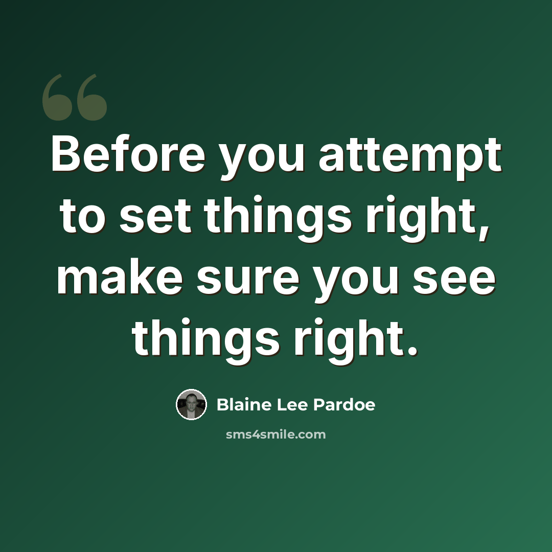 “Before you attempt to set things right, make sure you see things right.” quote by Blaine Lee Pardoe