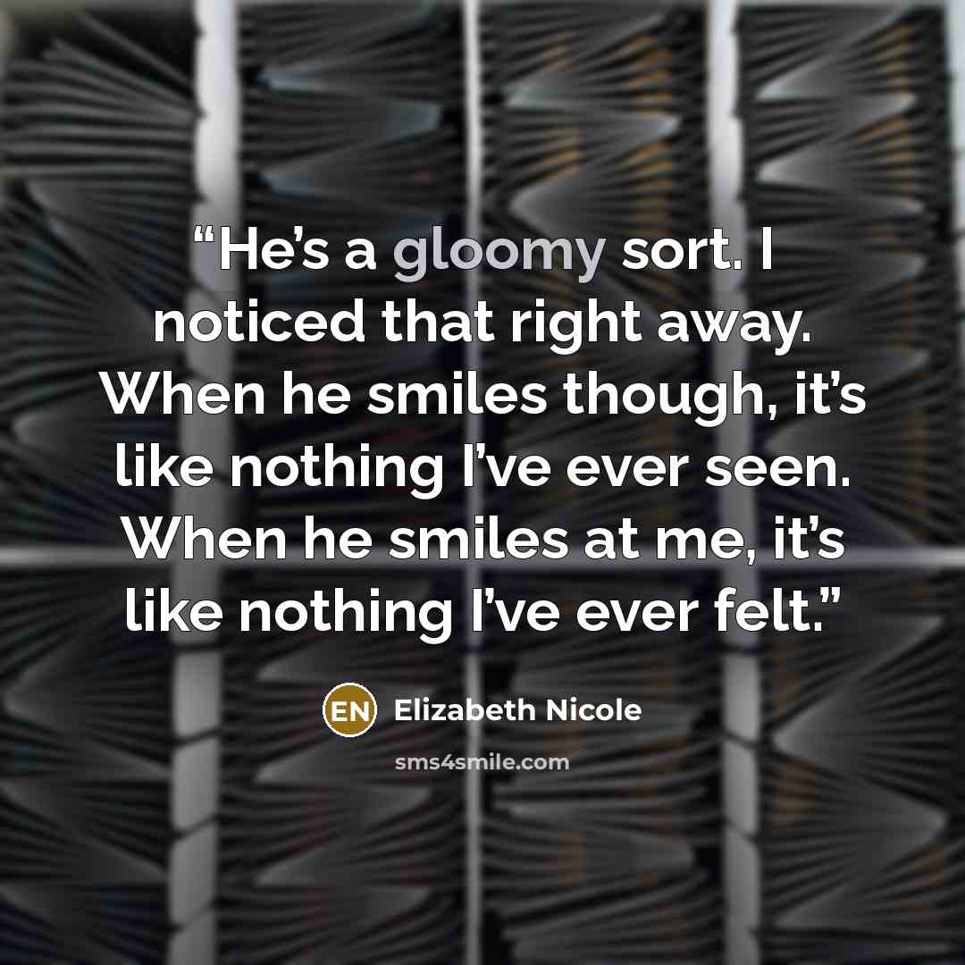 “He’s a gloomy sort. I noticed that right away. When he smiles though, it’s like nothing I’ve ever seen. When he smiles at me, it’s like nothing I’ve ever felt.” quote by Elizabeth Nicole
