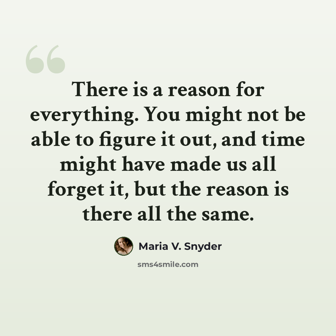 “There is a reason for everything. You might not be able to figure it out, and time might have made us all forget it, but the reason is there all the same.” quote by Maria V. Snyder
