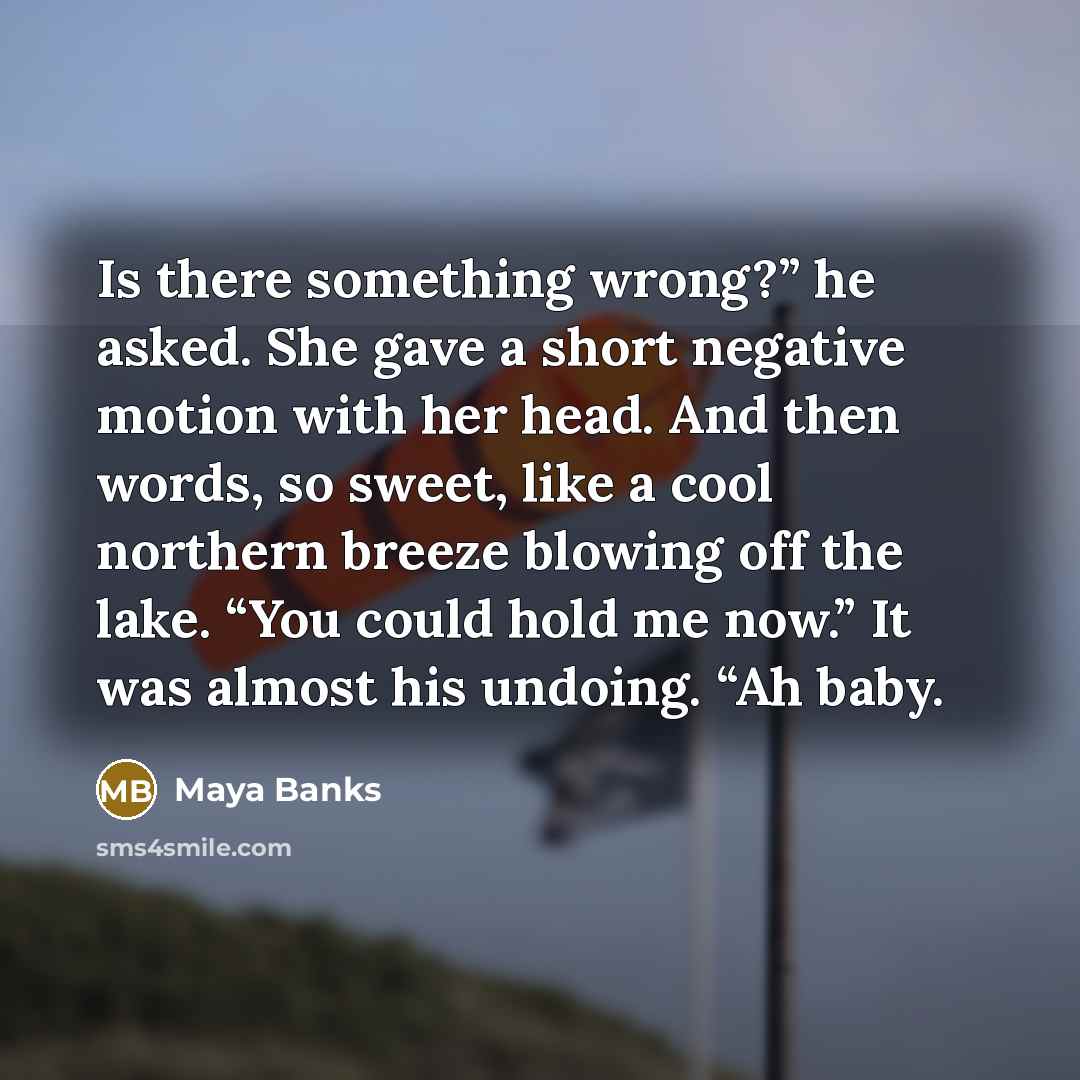 “Is there something wrong?” he asked. She gave a short negative motion with her head. And then words, so sweet, like a cool northern breeze blowing off the lake. “You could hold me now.” It was almost his undoing. “Ah baby.” quote by Maya Banks