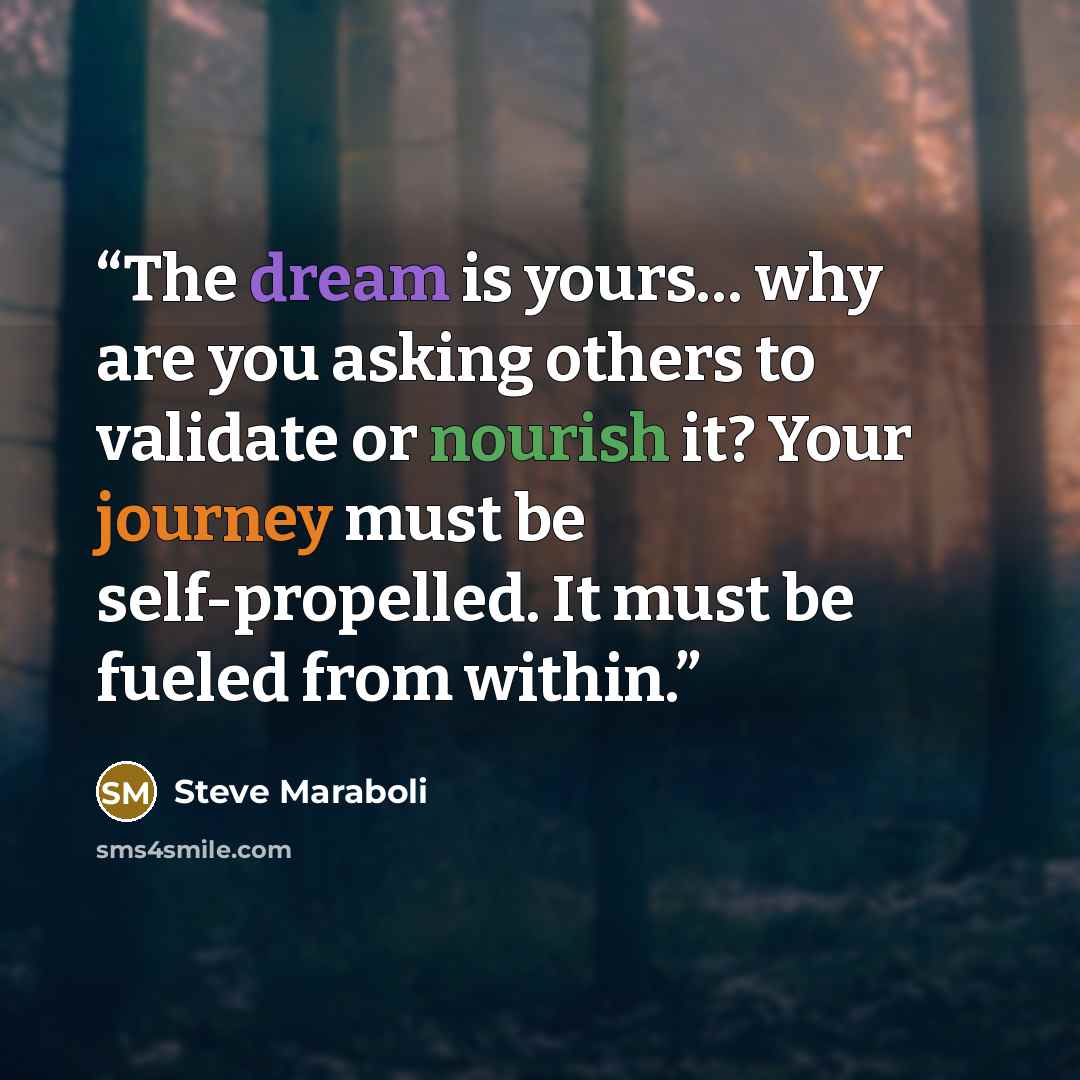 “The dream is yours… why are you asking others to validate or nourish it? Your journey must be self-propelled. It must be fueled from within.” quote by Steve Maraboli
