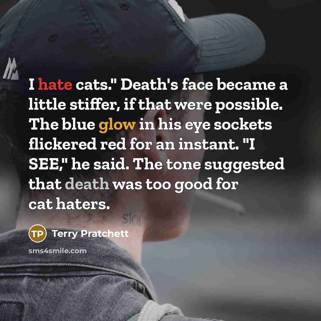 “I hate cats." Death's face became a little stiffer, if that were possible. The blue glow in his eye sockets flickered red for an instant. "I SEE," he said. The tone suggested that death was too good for cat haters.” quote by Terry Pratchett