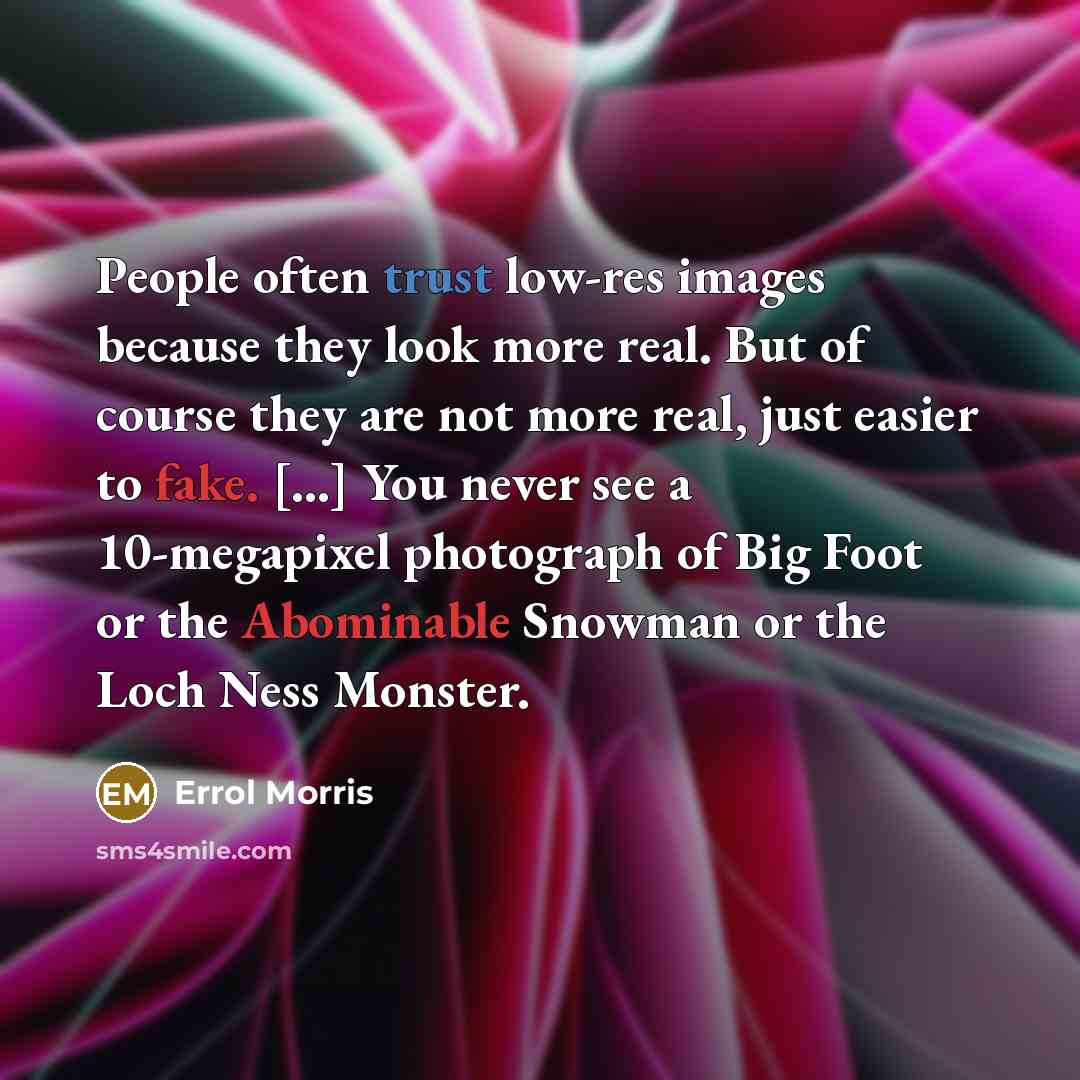 “People often trust low-res images because they look more real. But of course they are not more real, just easier to fake. [...] You never see a 10-megapixel photograph of Big Foot or the Abominable Snowman or the Loch Ness Monster.” quote by Errol Morris