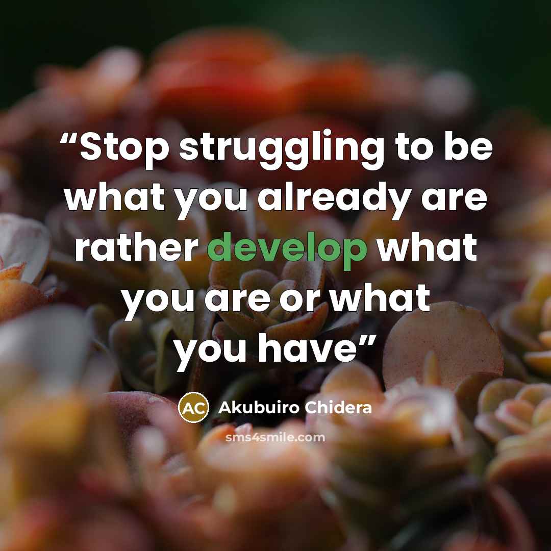 “Stop struggling to be what you already are rather develop what you are or what you have” quote by Akubuiro Chidera