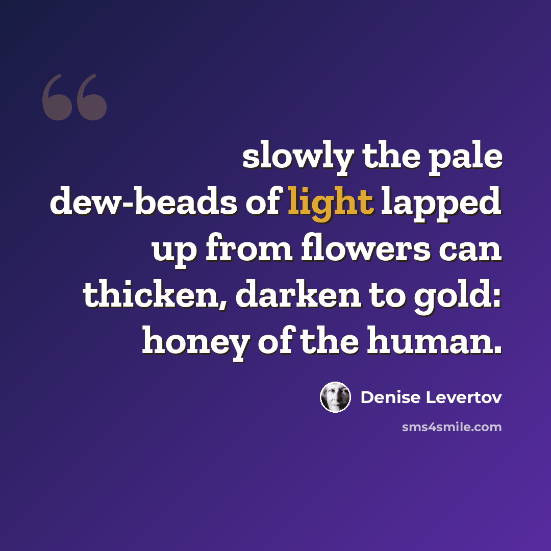 “slowly the pale dew-beads of light lapped up from flowers can thicken, darken to gold: honey of the human.” quote by Denise Levertov
