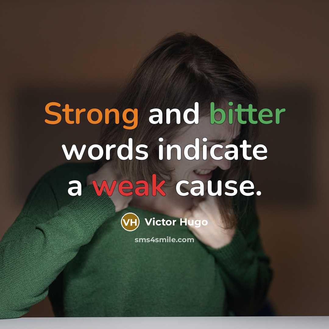 “Strong and bitter words indicate a weak cause.” quote by Victor Hugo