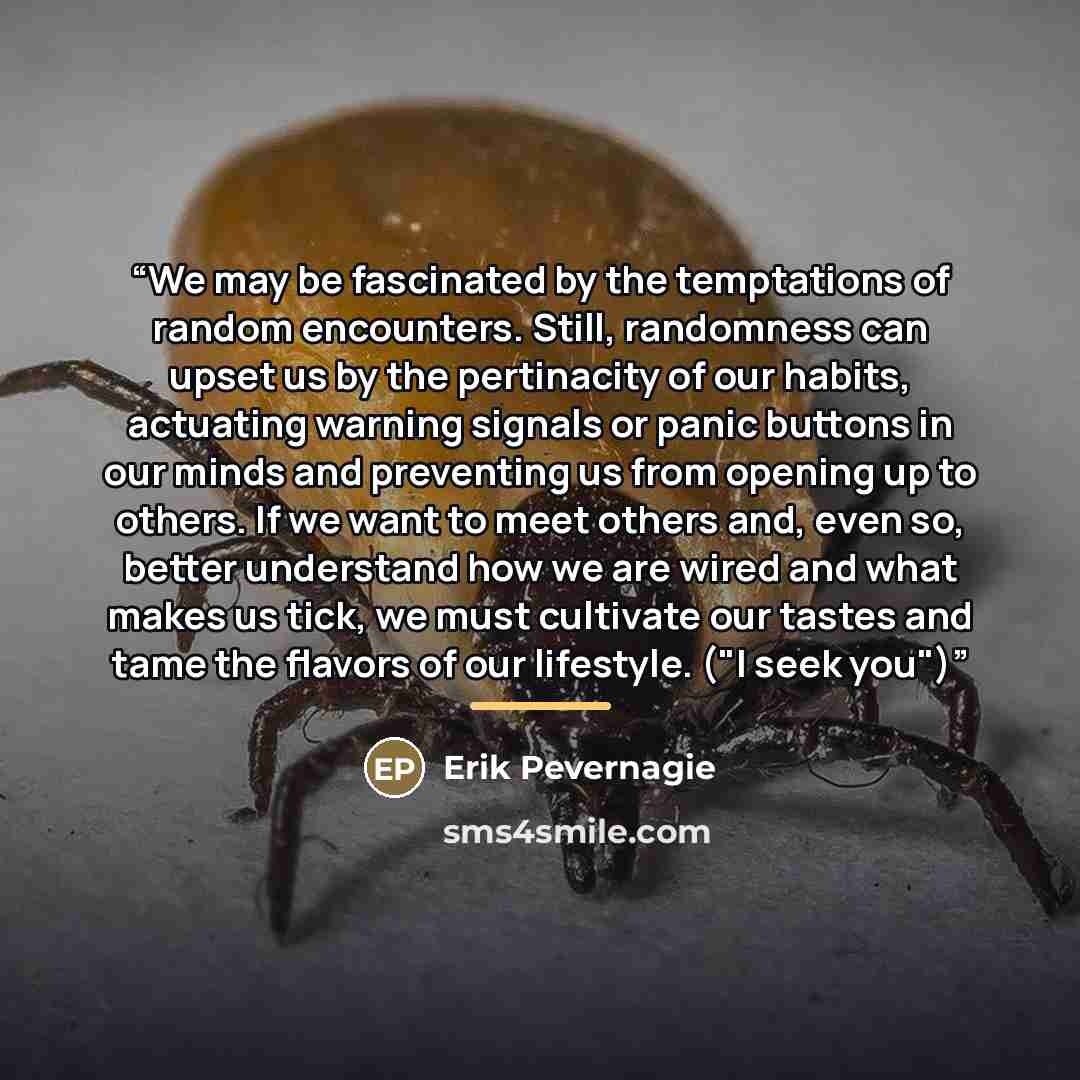 “We may be fascinated by the temptations of random encounters. Still, randomness can upset us by the pertinacity of our habits, actuating warning signals or panic buttons in our minds and preventing us from opening up to others. If we want to meet others and, even so, better understand how we are…” quote by Erik Pevernagie