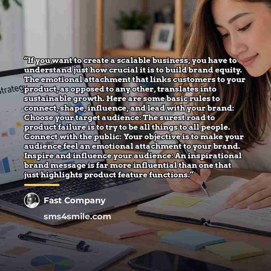“If you want to create a scalable business, you have to understand just how crucial it is to build brand equity. The emotional attachment that links customers to your product, as opposed to any other, translates into sustainable growth. Here are some basic rules to connect, shape, influence, and…” quote by Fast Company