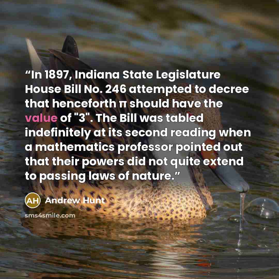 “In 1897, Indiana State Legislature House Bill No. 246 attempted to decree that henceforth π should have the value of "3". The Bill was tabled indefinitely at its second reading when a mathematics professor pointed out that their powers did not quite extend to passing laws of nature.” quote by Andrew Hunt