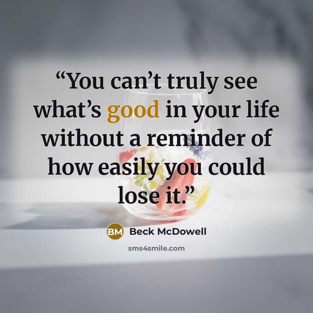 “You can’t truly see what’s good in your life without a reminder of how easily you could lose it.” quote by Beck McDowell