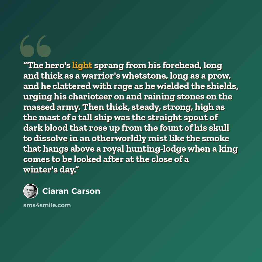 “The hero's light sprang from his forehead, long and thick as a warrior's whetstone, long as a prow, and he clattered with rage as he wielded the shields, urging his charioteer on and raining stones on the massed army. Then thick, steady, strong, high as the mast of a tall ship was the straight…” quote by Ciarán Carson