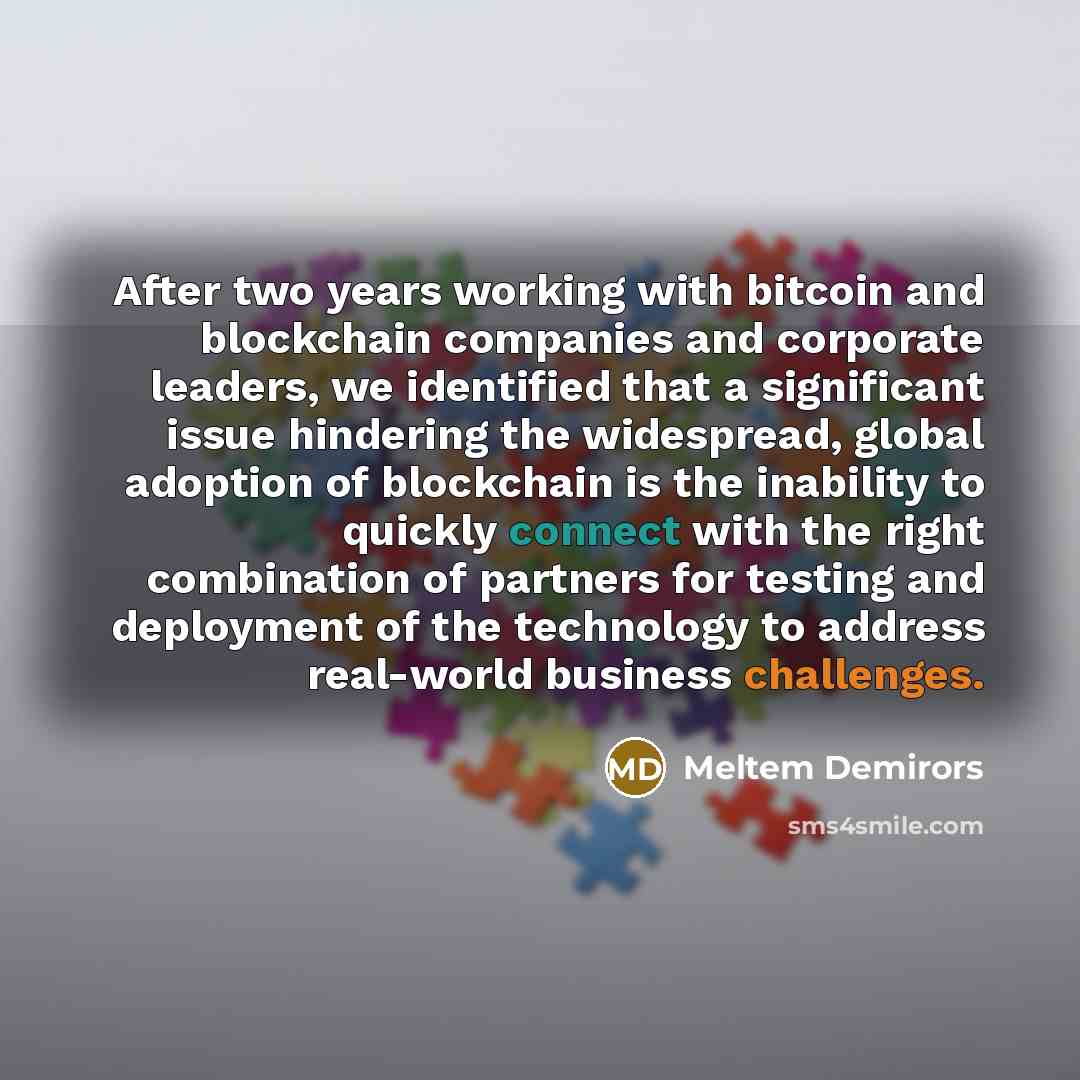 “After two years working with bitcoin and blockchain companies and corporate leaders, we identified that a significant issue hindering the widespread, global adoption of blockchain is the inability to quickly connect with the right combination of partners for testing and deployment of the…” quote by Meltem Demirors
