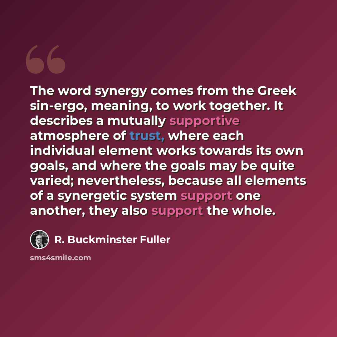 “The word synergy comes from the Greek sin-ergo, meaning, to work together. It describes a mutually supportive atmosphere of trust, where each individual element works towards its own goals, and where the goals may be quite varied; nevertheless, because all elements of a synergetic system support…” quote by R. Buckminster Fuller