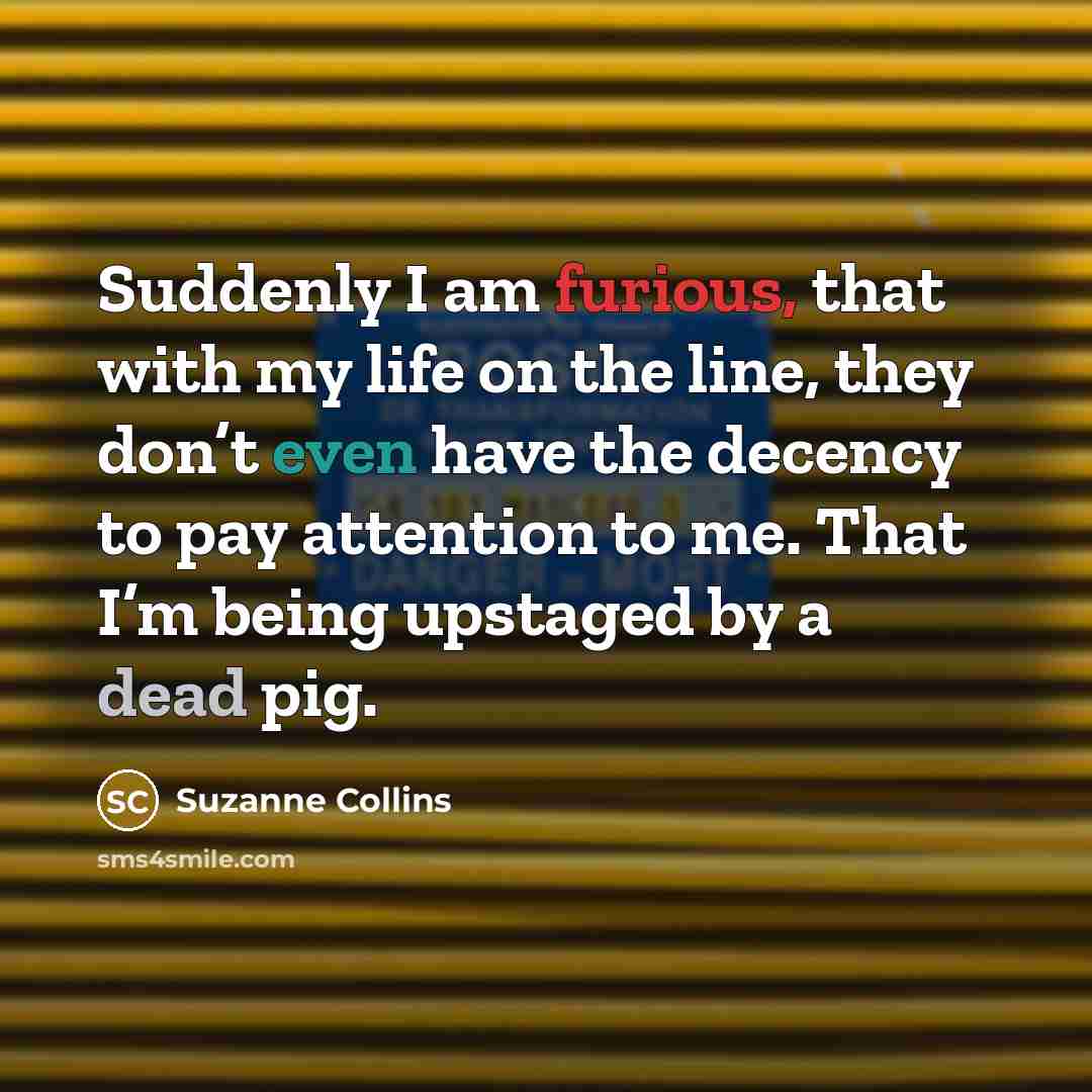 “Suddenly I am furious, that with my life on the line, they don’t even have the decency to pay attention to me. That I’m being upstaged by a dead pig.” quote by Suzanne Collins