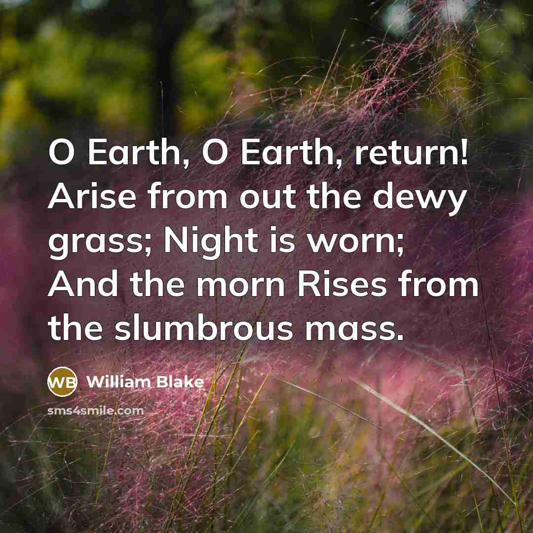 “O Earth, O Earth, return! Arise from out the dewy grass; Night is worn; And the morn Rises from the slumbrous mass.” quote by William Blake