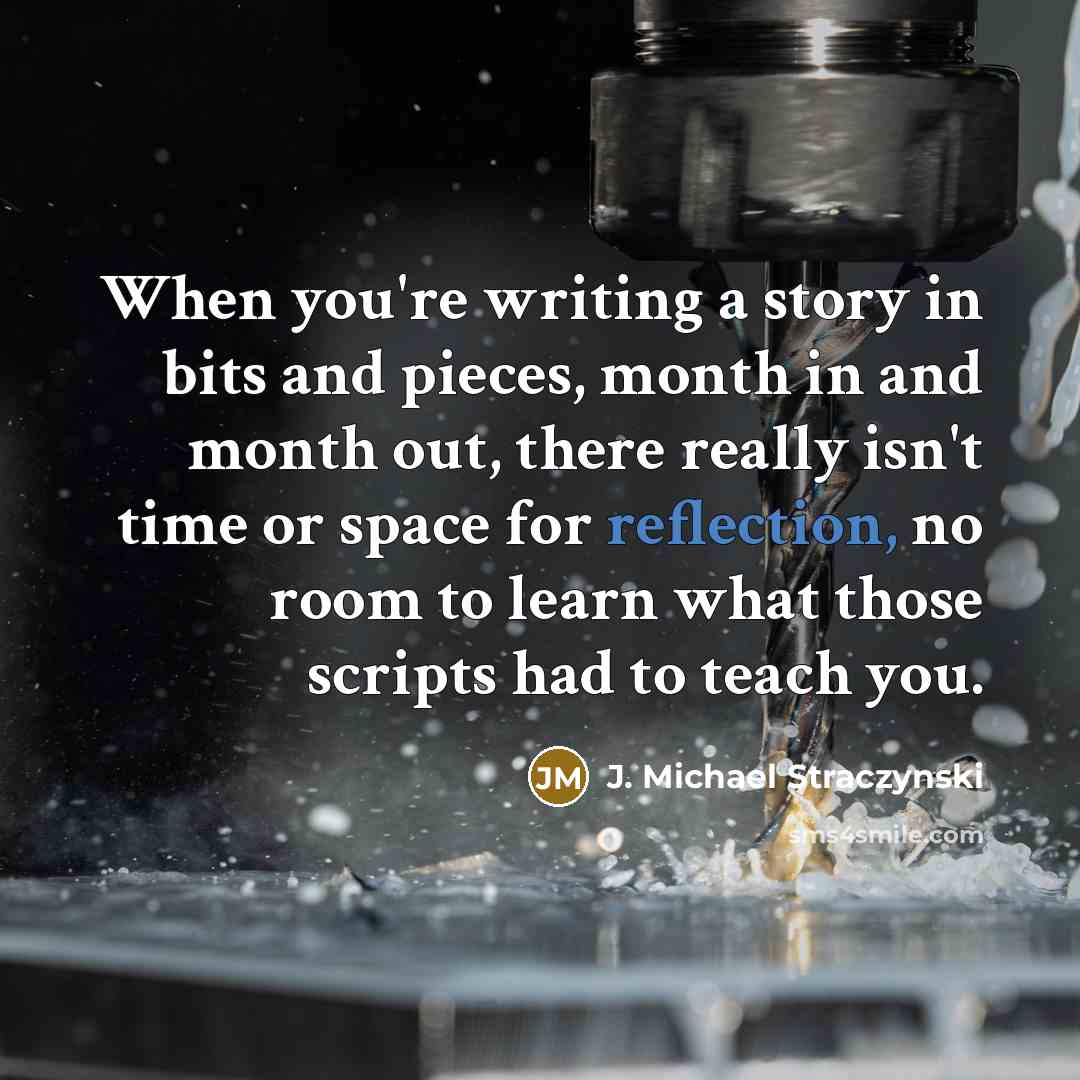 “When you're writing a story in bits and pieces, month in and month out, there really isn't time or space for reflection, no room to learn what those scripts had to teach you.” quote by J. Michael Straczynski