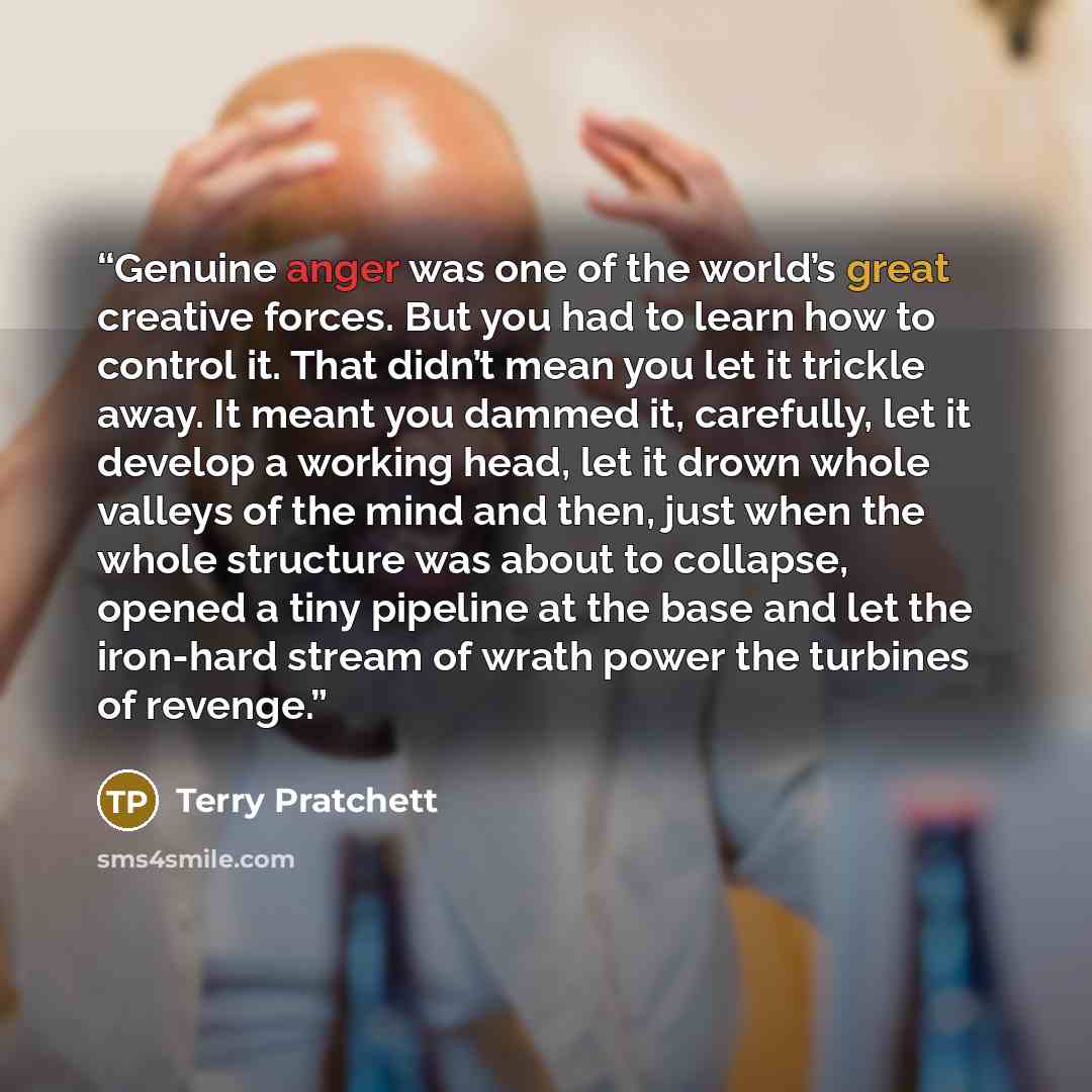 “Genuine anger was one of the world’s great creative forces. But you had to learn how to control it. That didn’t mean you let it trickle away. It meant you dammed it, carefully, let it develop a working head, let it drown whole valleys of the mind and then, just when the whole structure was about…” quote by Terry Pratchett
