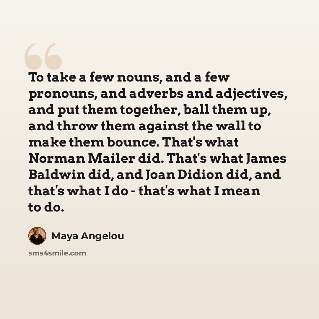 “To take a few nouns, and a few pronouns, and adverbs and adjectives, and put them together, ball them up, and throw them against the wall to make them bounce. That's what Norman Mailer did. That's what James Baldwin did, and Joan Didion did, and that's what I do - that's what I mean to do.” quote by Maya Angelou