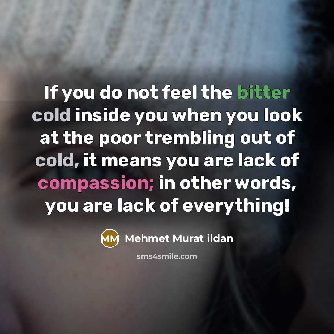 “If you do not feel the bitter cold inside you when you look at the poor trembling out of cold, it means you are lack of compassion; in other words, you are lack of everything!” quote by Mehmet Murat Ildan