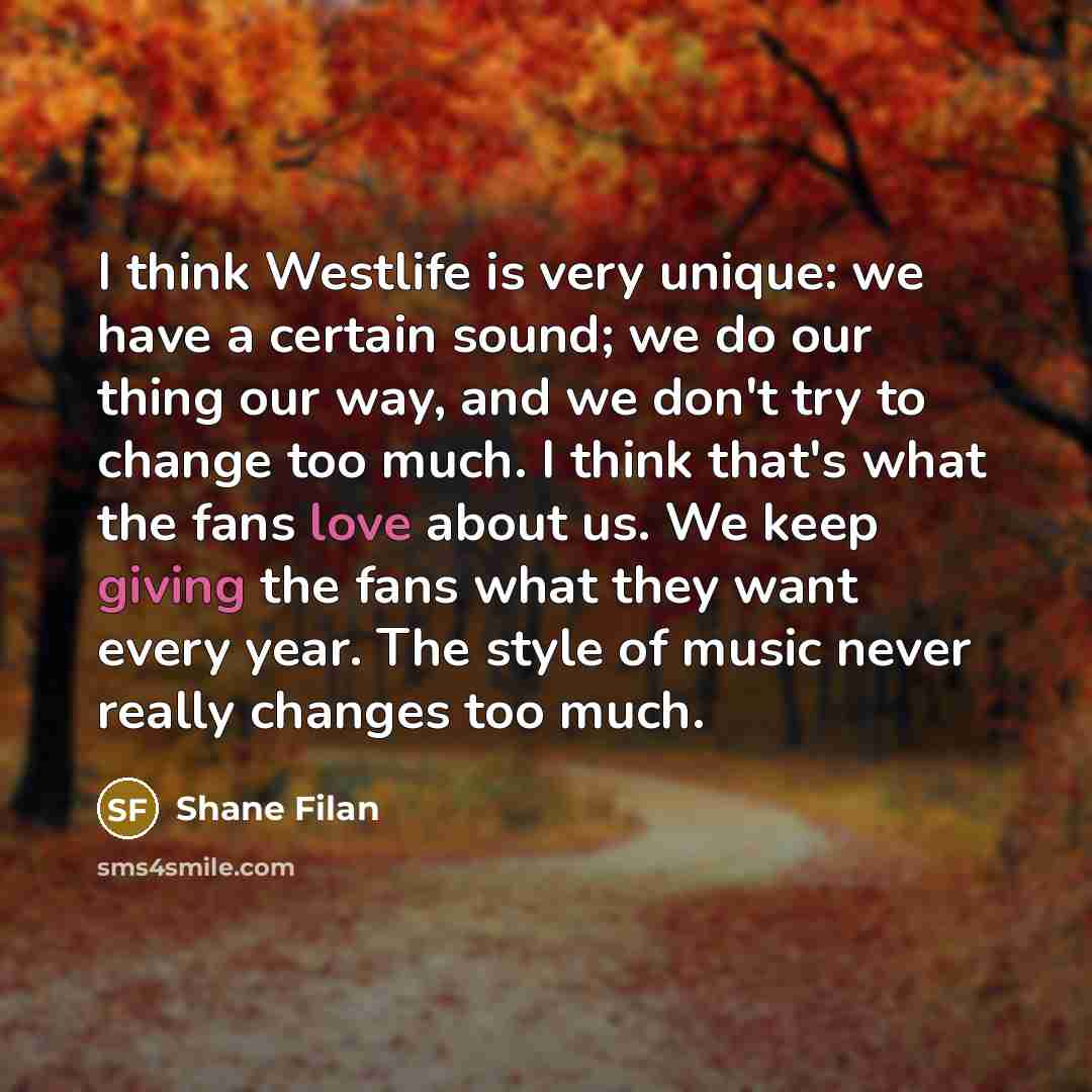 “I think Westlife is very unique: we have a certain sound; we do our thing our way, and we don't try to change too much. I think that's what the fans love about us. We keep giving the fans what they want every year. The style of music never really changes too much.” quote by Shane Filan