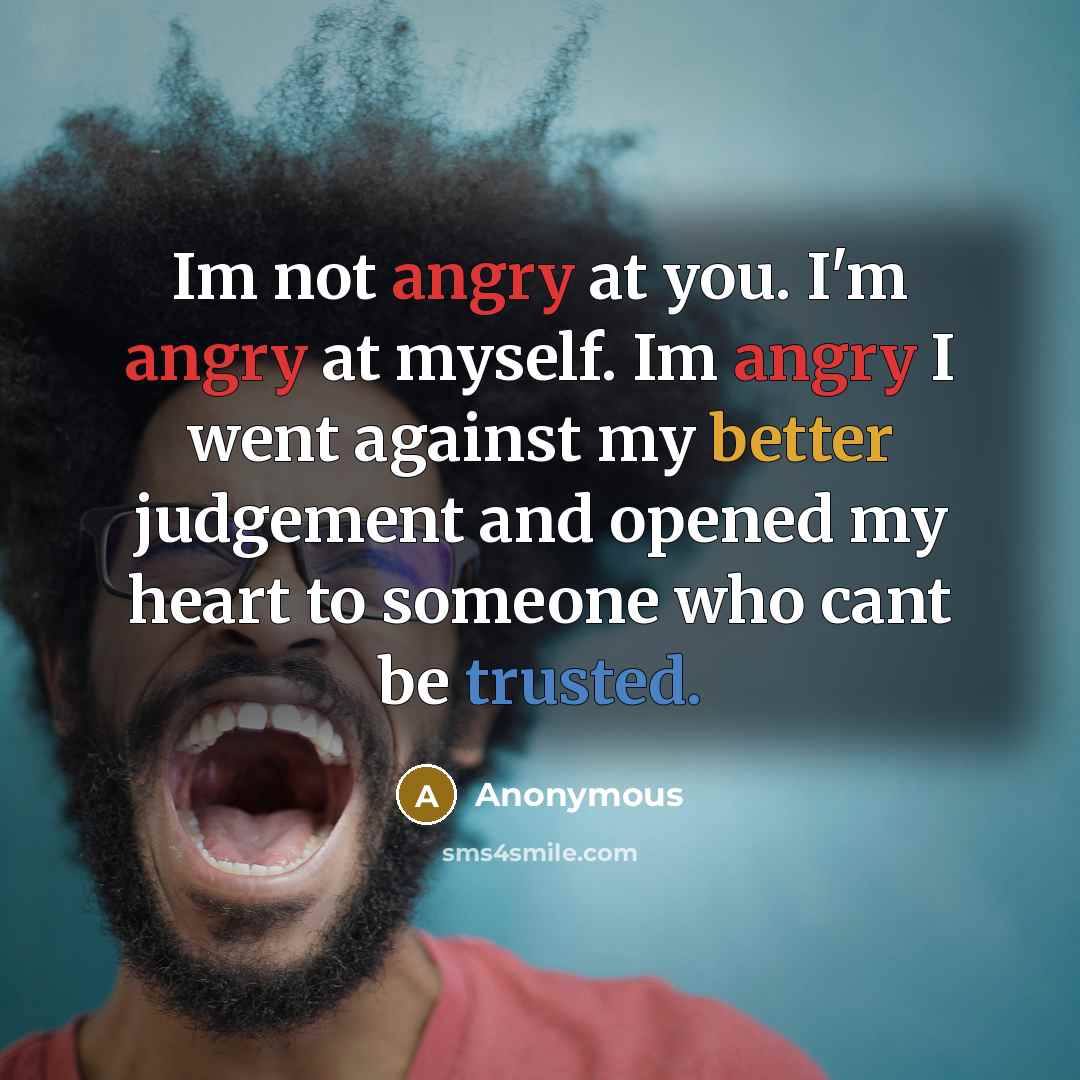 “Im not angry at you. I'm angry at myself. Im angry I went against my better judgement and opened my heart to someone who cant be trusted.” quote by Anonymous