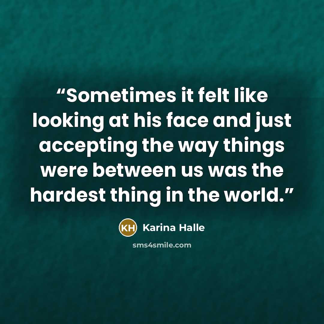 “Sometimes it felt like looking at his face and just accepting the way things were between us was the hardest thing in the world.” quote by Karina Halle