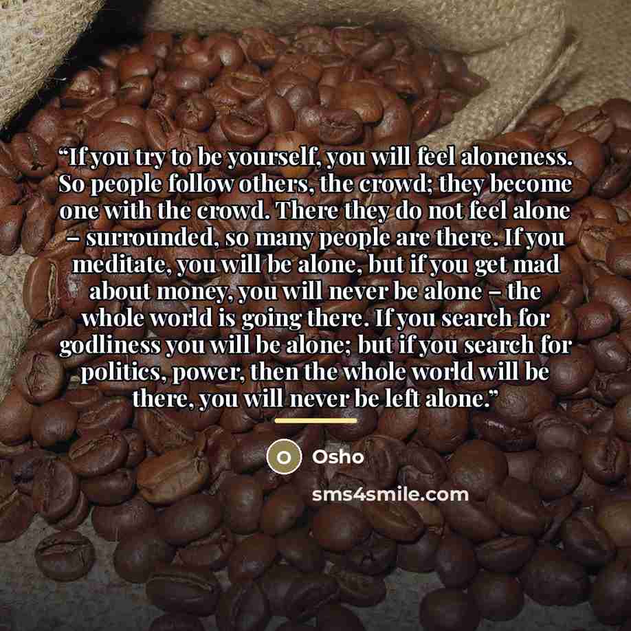 “If you try to be yourself, you will feel aloneness. So people follow others, the crowd; they become one with the crowd. There they do not feel alone – surrounded, so many people are there. If you meditate, you will be alone, but if you get mad about money, you will never be alone – the whole world…” quote by Osho