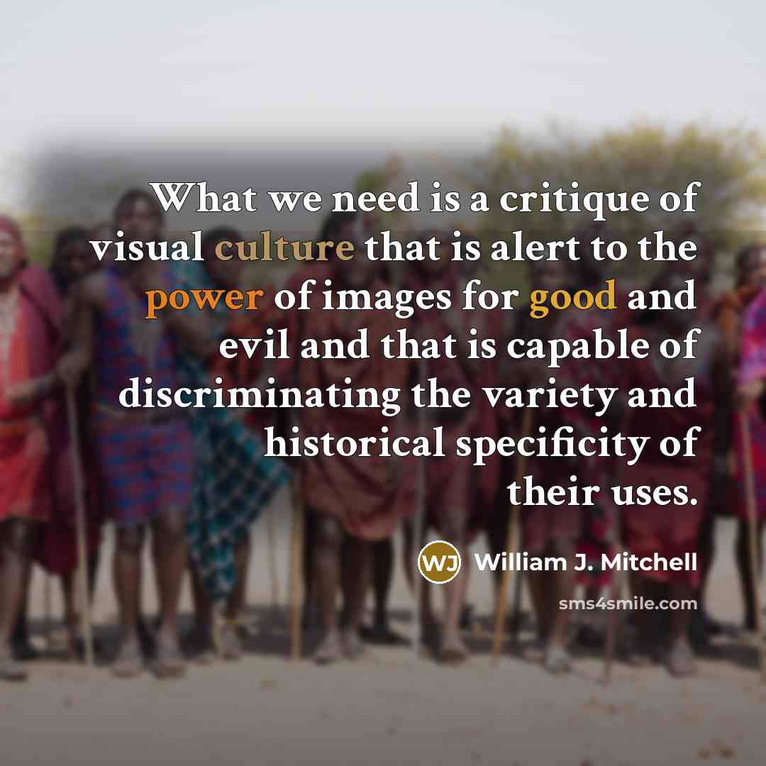 “What we need is a critique of visual culture that is alert to the power of images for good and evil and that is capable of discriminating the variety and historical specificity of their uses.” quote by William J. Mitchell
