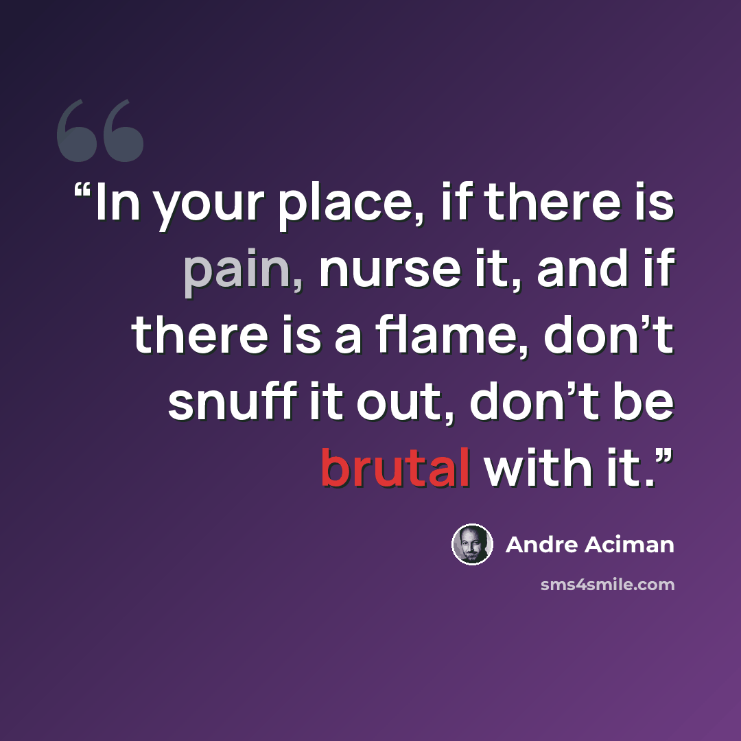 “In your place, if there is pain, nurse it, and if there is a flame, don’t snuff it out, don’t be brutal with it.” quote by André Aciman