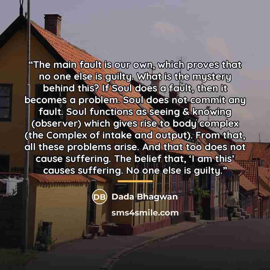 “The main fault is our own, which proves that no one else is guilty. What is the mystery behind this? If Soul does a fault, then it becomes a problem. Soul does not commit any fault. Soul functions as seeing & knowing (observer) which gives rise to body complex (the Complex of intake and output)…” quote by Dada Bhagwan