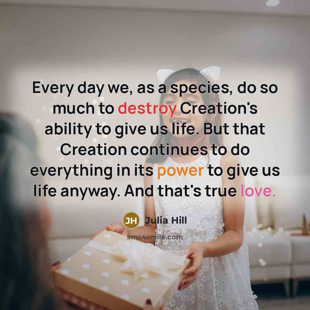 “Every day we, as a species, do so much to destroy Creation's ability to give us life. But that Creation continues to do everything in its power to give us life anyway. And that's true love.” quote by Julia Hill