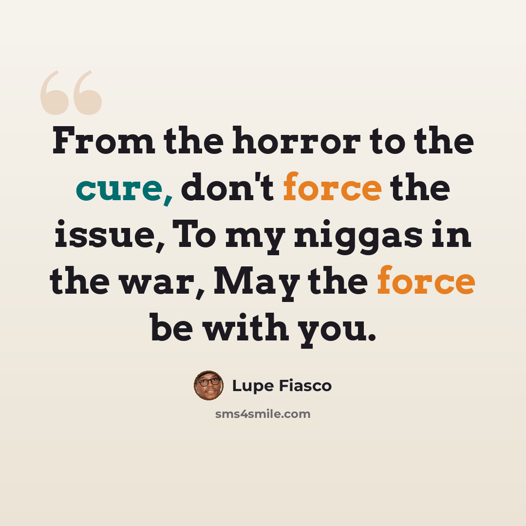 “From the horror to the cure, don't force the issue, To my niggas in the war, May the force be with you.” quote by Lupe Fiasco