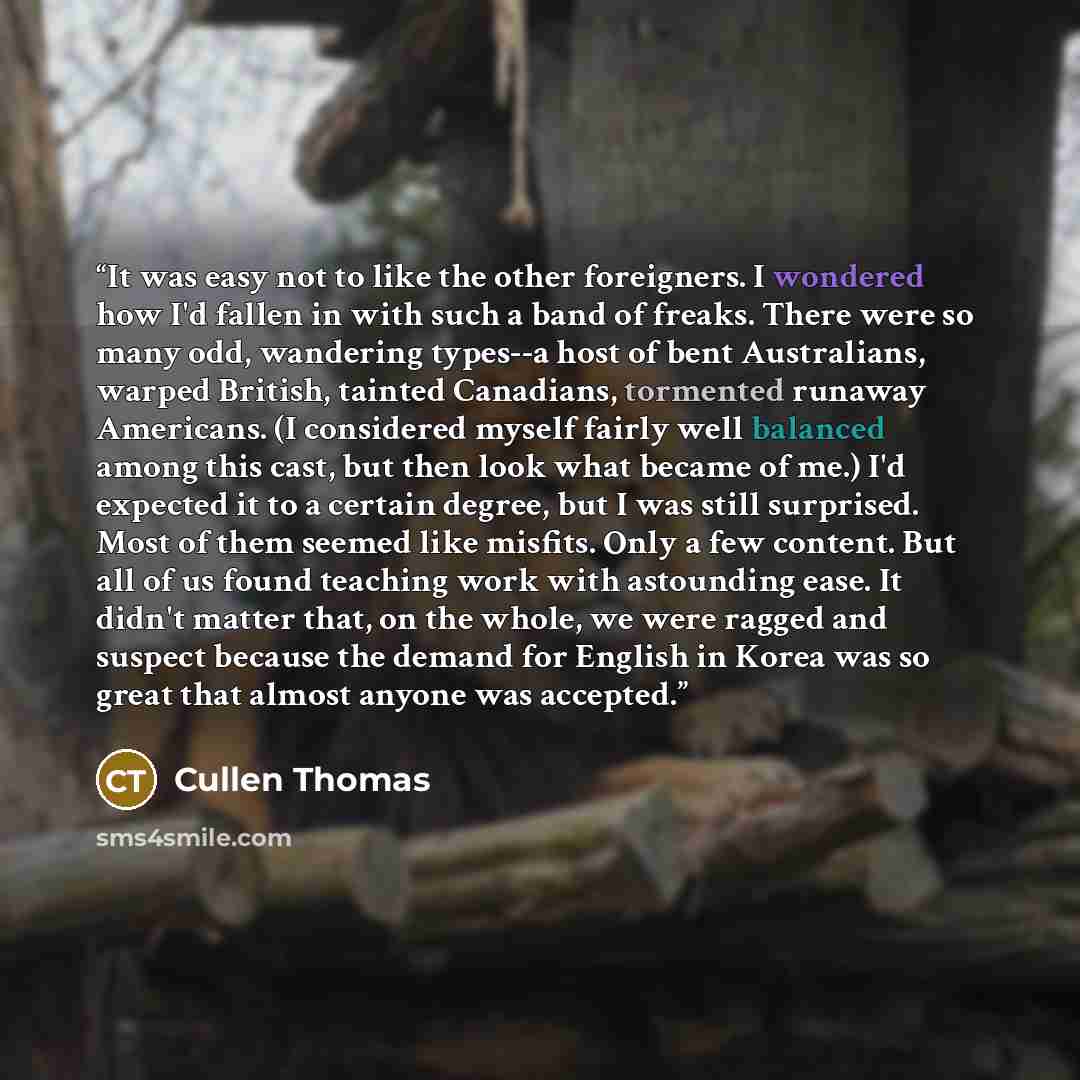 “It was easy not to like the other foreigners. I wondered how I'd fallen in with such a band of freaks. There were so many odd, wandering types--a host of bent Australians, warped British, tainted Canadians, tormented runaway Americans. (I considered myself fairly well balanced among this cast, but…” quote by Cullen Thomas