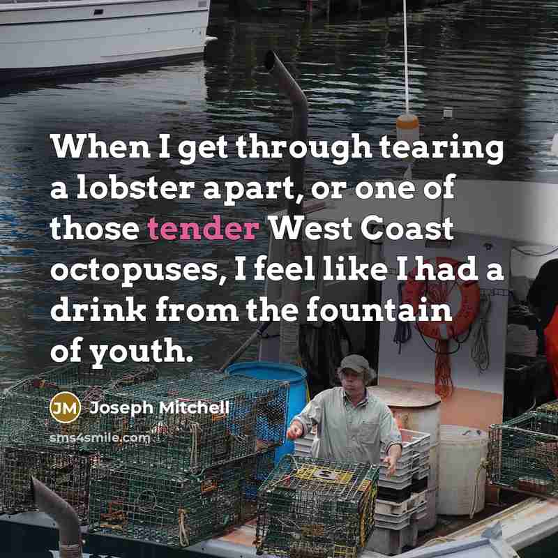 “When I get through tearing a lobster apart, or one of those tender West Coast octopuses, I feel like I had a drink from the fountain of youth.” quote by Joseph Mitchell