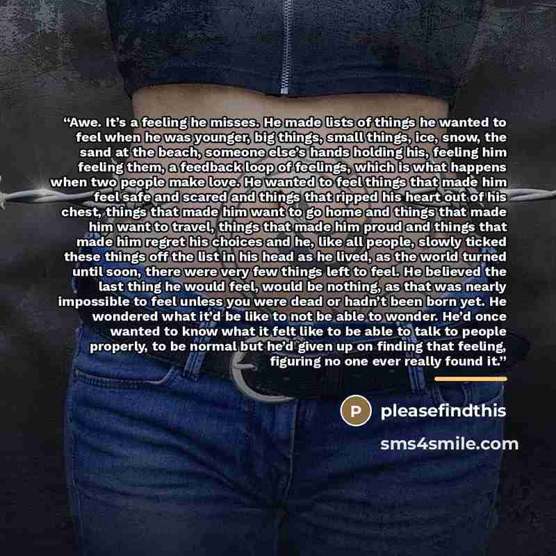 “Awe. It’s a feeling he misses. He made lists of things he wanted to feel when he was younger, big things, small things, ice, snow, the sand at the beach, someone else’s hands holding his, feeling him feeling them, a feedback loop of feelings, which is what happens when two people make love. He…” quote by pleasefindthis