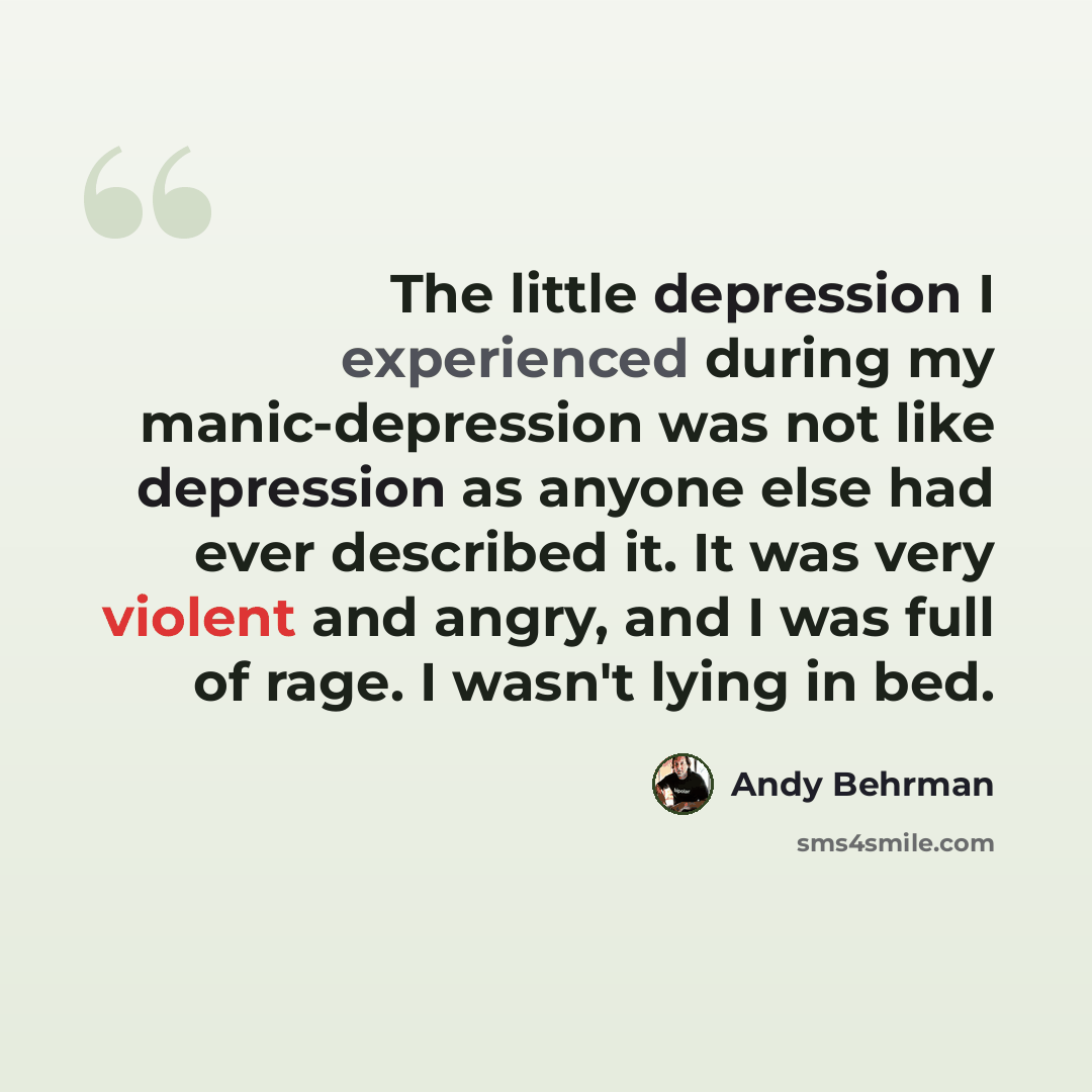 “The little depression I experienced during my manic-depression was not like depression as anyone else had ever described it. It was very violent and angry, and I was full of rage. I wasn't lying in bed.” quote by Andy Behrman